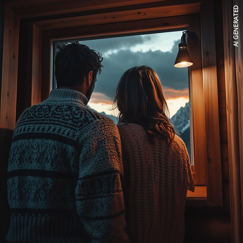 Ein Paar in gemütlichen Pullovern steht am Fenster und betrachtet den Sonnenuntergang in den Bergen; warmes Licht erfüllt die Holzhütte.