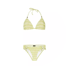 Hellgelb und weiß gestreiftes Bikini-Set mit Neckholder-Krawatten-Oberteil und tiefem Höschen auf weißem, kreisförmigem Hintergrund.