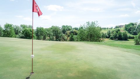 Eine rote Fahne auf einem Golfloch steht auf einem gut gepflegten Grün mit Bäumen und einer hügeligen Landschaft im Hintergrund unter einem klaren Himmel.