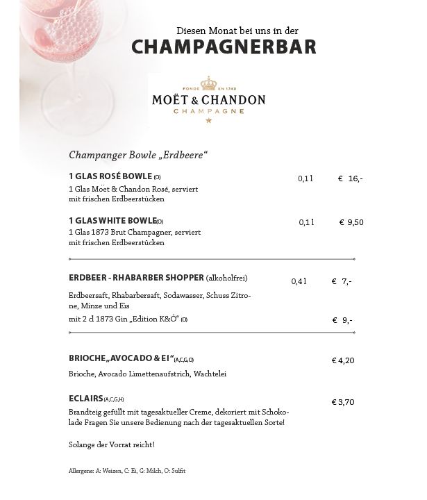 Menüseite für die Moët & Chandon Champagnerbar mit Erdbeer-Champagner-Getränken, Snacks wie Eclairs und Brioche und eleganten Gläsern.