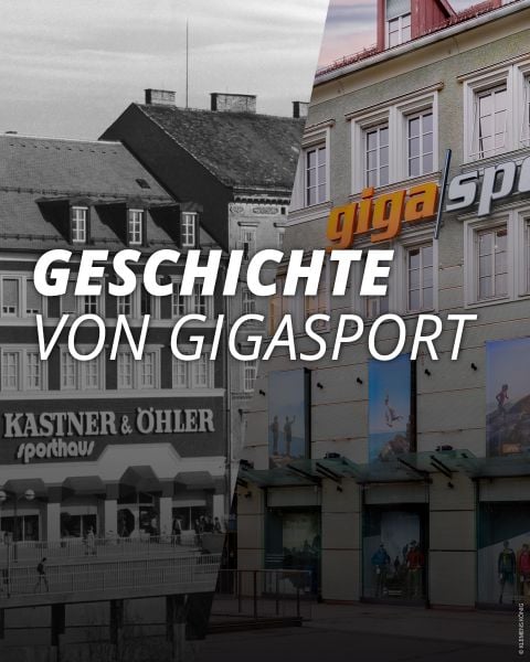 Teilbild einer historischen Kastner & Öhler-Fassade und eines modernen Gigasport-Geschäfts, mit dem Text "Geschichte von Gigasport" in der Mitte.