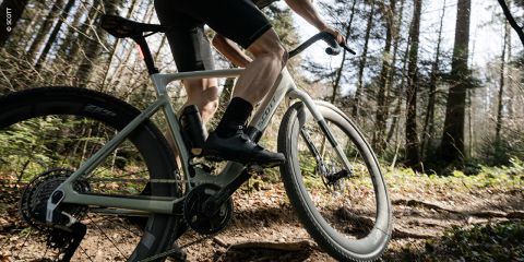 Ein Radfahrer fährt mit einem Gravelbike einen Feldweg durch einen Wald hinauf, während das Sonnenlicht durch die Bäume scheint.