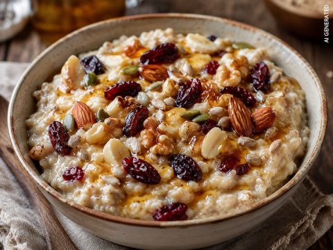 Eine Schüssel Haferflocken mit Nüssen, Samen und getrockneten Cranberries, beträufelt mit Honig, auf einem Holztisch.