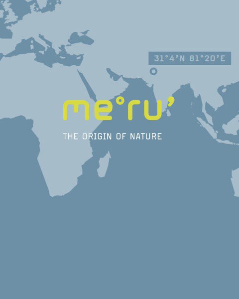 Minimalistische Karte, die einen Teil Asiens und Afrikas zeigt, mit dem Text „me°ru' The Origin of Nature“ und den Koordinaten 31°4'N 81°20'E im Indischen Ozean.