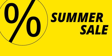 Leuchtend gelber Hintergrund mit einem großen Prozentzeichen und fettgedrucktem schwarzem Text mit der Aufschrift „SUMMER SALE“.
