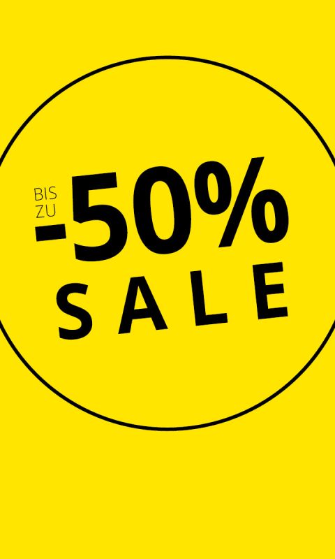 Gelber Hintergrund mit schwarzem Text: „BIS ZU –50 % RABATT“ in einem schwarz umrandeten Kreis, was auf einen Rabatt von bis zu 50 % hinweist.