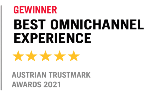 Auszeichnungsbild mit der Aufschrift „Gewinner Best Omnichannel Experience“, fünf gelben Sternen und dem Schriftzug „Austrian Trustmark Awards 2021“ in grauer Schrift.
