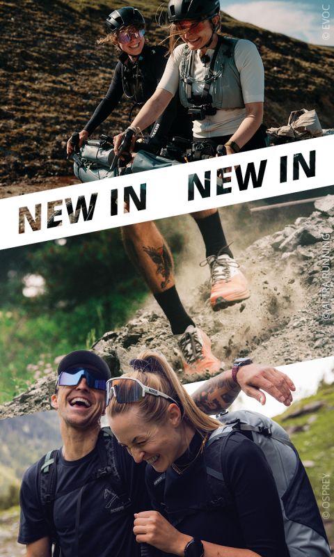 Drei Bilder von Radfahrern und Wanderern, die Outdoor-Aktivitäten genießen, mit dem Text „NEW IN“ im Bild. Sie lächeln und tragen Outdoor-Kleidung.