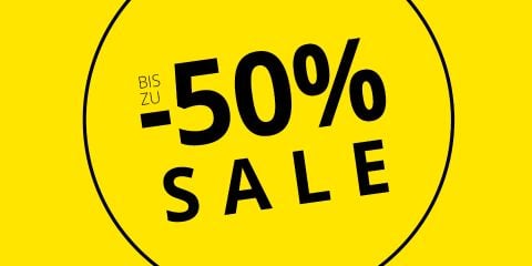 Gelber Hintergrund mit fetter schwarzer Schrift, die „BIS ZU –50 % SALE“ in einem Kreis anzeigt und für Rabatte von bis zu 50 % wirbt.