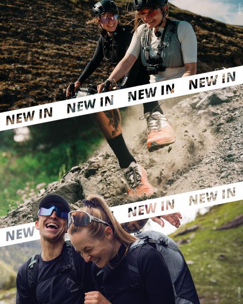 Drei Fotos: lächelnde Radfahrer, eine Nahaufnahme von Trailrunning-Schuhen und zwei lachende Wanderer im Freien, jeweils mit dem Schriftzug „NEW IN“ über dem Bild.