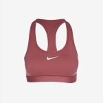 Burgunderroter Nike-Sport-BH mit Racerback-Design und weißem Nike-Swoosh-Logo auf der Vorderseite, dargestellt vor einem schlichten weißen Hintergrund.