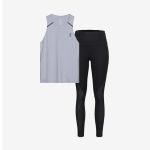 Ein graues, ärmelloses Sport-Tanktop und eine schwarze Leggings mit hoher Taille, präsentiert vor einem schlichten weißen Hintergrund.