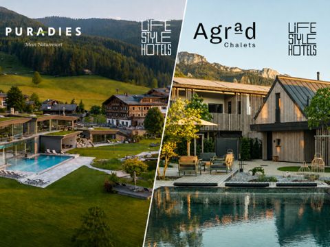Die Wörter „LIFE STYLE HOTELS“ sind vertikal in einer modernen, geometrischen Schriftart auf hellem Hintergrund angeordnet.