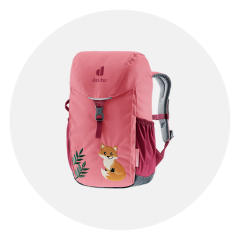 Rosa Rucksack mit Fuchs- und Blattmotiv, grauen Trägern und dem Deuter-Logo auf der Klappe, abgebildet vor einem schlichten weißen Hintergrund.