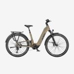 Ein beiges Elektrofahrrad mit tiefem Einstieg, Vorderradfederung, Gepäckträger und schwarzen Schutzblechen, abgebildet vor einem weißen Hintergrund.