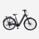 Ein graues E-Fahrrad mit tiefem Einstieg, Schutzblechen, einem Gepäckträger hinten und einer Vorderradfederung, von der Seite auf weißem Hintergrund abgebildet.