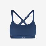 Marineblauer Sport-BH mit gekreuzten Trägern am Rücken und einem kleinen Under Armour-Logo am vorderen Band.