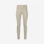 Beigefarbene, hoch taillierte, bodenlange Leggings, präsentiert vor einem schlichten weißen Hintergrund.