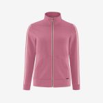 Rosa Trainingsjacke mit Reißverschluss vorne, hohem Kragen, Seitentaschen und weißen Streifen an den Ärmeln. Dargestellt vor einem schlichten weißen Hintergrund.