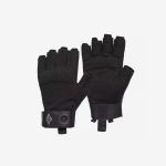 Auf weißem Hintergrund sind zwei schwarze fingerlose Handschuhe abgebildet, von denen einer die Handinnenseite und der andere die Handrückseite zeigt; beide sind mit verstellbaren Handgelenkriemen versehen.
