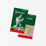 Zwei grüne und rote Wanderkarten des Wienerwalds, von denen eine eine Abbildung eines Wanderers und die andere einen detaillierten Kartenausschnitt zeigt.