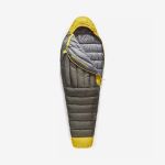Grauer und gelber Schlafsack im Mumienstil, teilweise geöffnet, vor einem weißen Hintergrund.