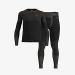 Set aus einem schwarz-grauen Langarm-Thermoshirt und passenden Leggings, präsentiert vor einem schlichten weißen Hintergrund.