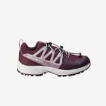 Ein kastanienbrauner und weißer Trail-Laufschuh der Marke Salomon mit Quicklace-System, dargestellt im Seitenprofil vor weißem Hintergrund.