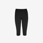 Schwarze, hoch taillierte, knielange Leggings, präsentiert vor einem schlichten weißen Hintergrund.
