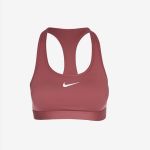 Burgunderroter Nike-Sport-BH mit Racerback-Design und weißem Nike-Swoosh-Logo auf der Vorderseite, dargestellt vor einem schlichten weißen Hintergrund.