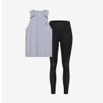 Ein graues, ärmelloses Sport-Tanktop und eine schwarze Leggings mit hoher Taille, präsentiert vor einem schlichten weißen Hintergrund.