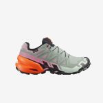 Ein Trailrunning-Schuh mit grünem Obermaterial, rosa und orangefarbenen Akzenten, schwarzer Sohle und dem Aufdruck „SALOMON“ an der Seite.
