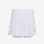 Weißer Sportrock mit ausgestelltem Rockteil und integrierten Shorts, mit einem kleinen grauen Logo unten rechts.