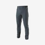 Graue Outdoor-Hose in schmaler Passform mit Reißverschlusstaschen, schwarzen Kniepatches und einem geknöpften Bund, dargestellt vor einem schlichten weißen Hintergrund.