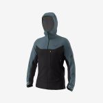 Graue und schwarze Outdoor-Jacke mit Kapuze, Reißverschluss vorne, hohem Kragen und Reißverschlusstaschen, dargestellt vor einem schlichten weißen Hintergrund.