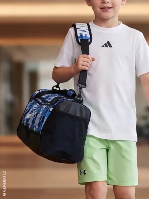Ein Kind in einem weißen Hemd und grünen Shorts steht in einem Raum und trägt eine blaue Sporttasche über der Schulter.