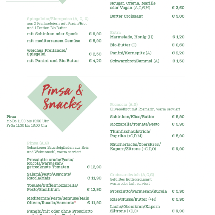 Frühstücks- und Snackkarte auf Deutsch mit grünen und rosa Überschriften, in der die Speisen und Preise für Joghurt, Panini, Focaccia, Pizza und Getränke aufgeführt sind.