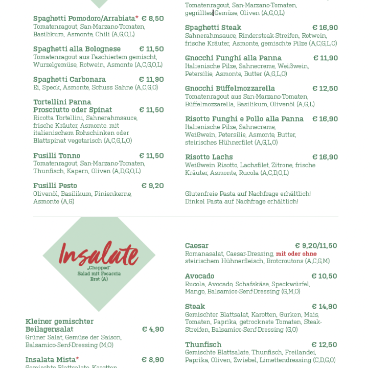 Menüseite mit Rubriken für Pasta und Salate, einschließlich Gerichtenamen, Beschreibungen, Preisen und Symbolen, die auf vegetarische und vegane Optionen hinweisen.