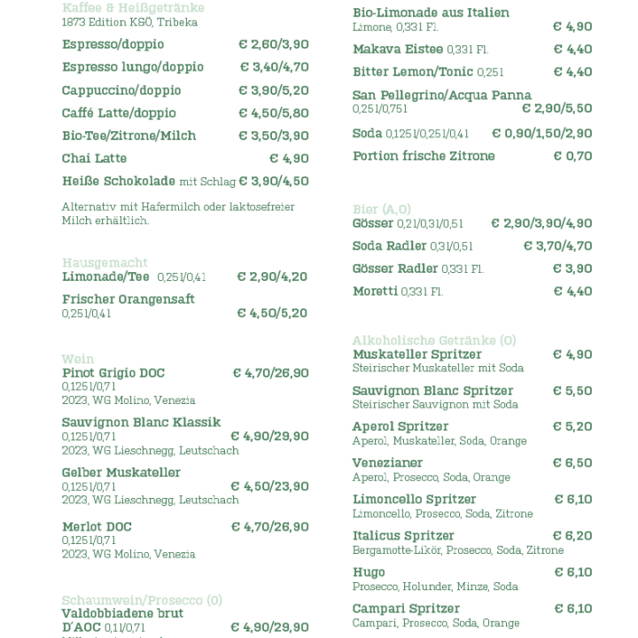 Speisekarte mit Getränkeangebot und Preisen, darunter Kaffee, Tee, Säfte, Limonaden, Wein, Bier, Cocktails und Spirituosen, auf Deutsch aufgeführt und mit pastellfarbenen Akzenten gestaltet.