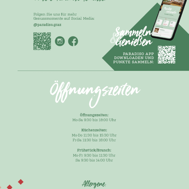 Grüner Flyer mit deutschem Text, auf dem die Öffnungszeiten, ein Smartphone mit der Paradiso-App sowie unten Allergenhinweise mit Symbolen zu sehen sind.