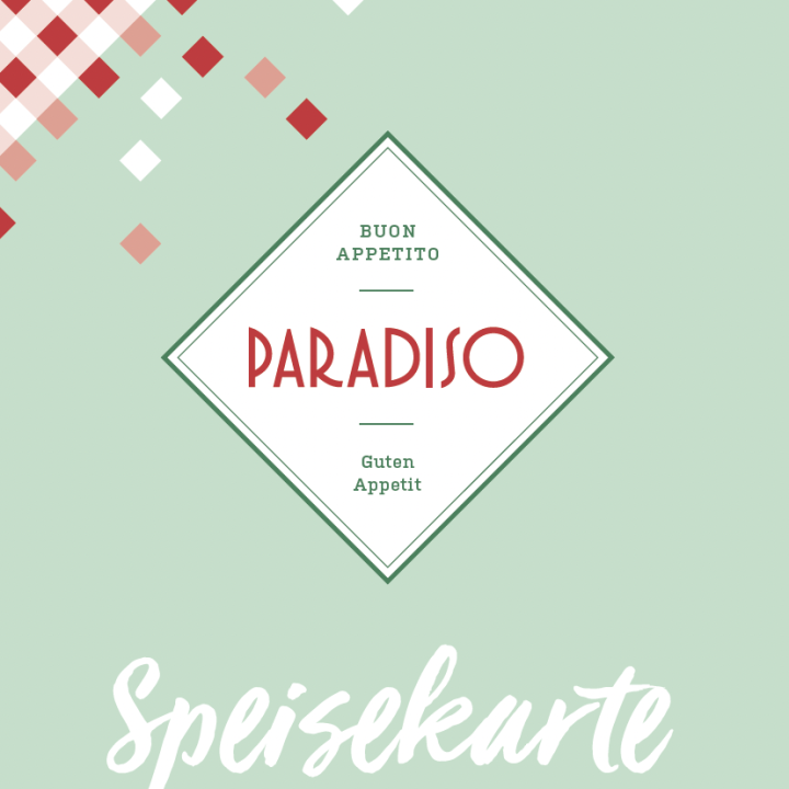 Grüner Menüeinband mit rot-weißem Karomuster, rautenförmigem Logo mit der Aufschrift „Paradiso“ und dem Text: „Speisekarte. Einmal schnell Italien.“.