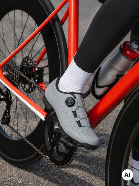 Eine Nahaufnahme des Fußes einer Person in einem Fahrradschuh auf einem Fahrradpedal, mit Herbstblättern und einer unscharfen Außenlandschaft im Hintergrund.