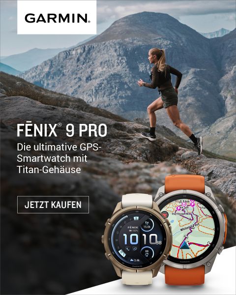 Eine Frau läuft auf einem felsigen Bergpfad. Das Bild wirbt für die Garmin Fenix 9 Pro-Smartwatches mit deutschem Text und zwei unten abgebildeten Uhrenmodellen.