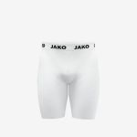 Weiße Kompressionsshorts mit einem schwarzen „JAKO“-Logo, das auf dem Bund wiederholt erscheint und sich vor einem schlichten weißen Hintergrund abhebt.