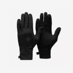 Ein Paar schwarze, leichte Handschuhe mit einem kleinen Logo auf dem Handrücken, dargestellt vor einem schlichten weißen Hintergrund.