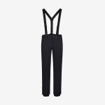 Schwarze Hose mit verstellbaren schwarzen Hosenträgern, Reißverschlusstaschen und geradem Bein, präsentiert vor einem schlichten weißen Hintergrund.