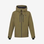 Olivgrüne Kapuzenjacke mit schwarzen Reißverschlusstaschen und verstellbaren Ärmelbündchen, präsentiert vor einem schlichten weißen Hintergrund.