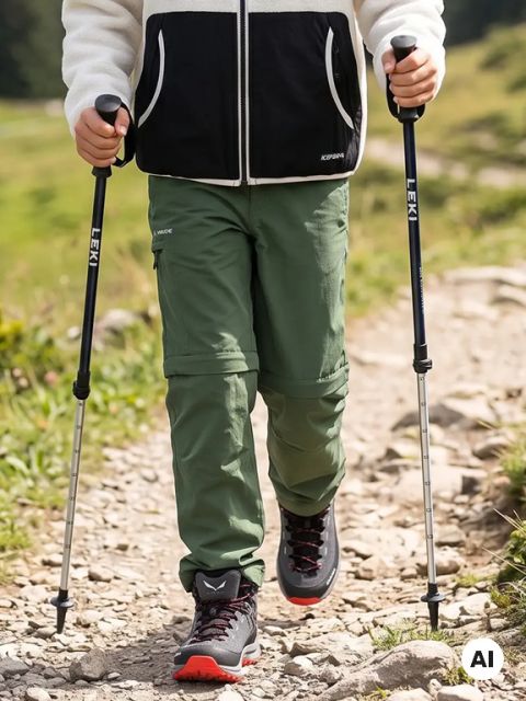 Eine Person, die auf einem felsigen Wanderweg unterwegs ist, grüne Hose, eine Jacke und Wanderstiefel trägt und Trekkingstöcke benutzt.