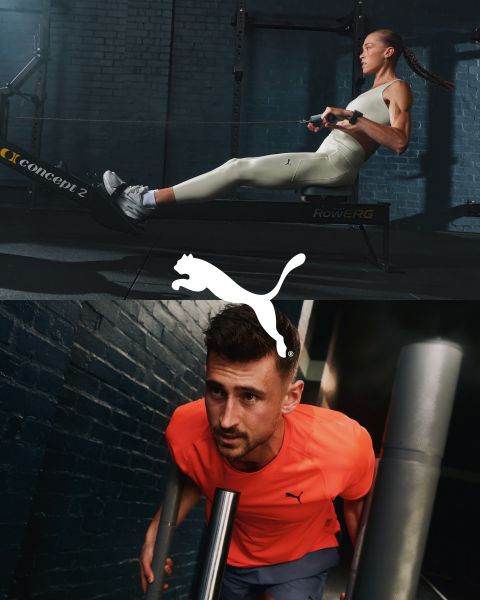 Eine Frau in Sportkleidung stemmt eine Hantel, ein Mann hockt mit einem Eimer neben ihr, eine weitere Person hängt an Ringen in einem Fitnessstudio. Oben steht der Text „FOREVER. FASTER.“ mit einem Puma-Logo.