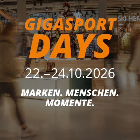 Werbegrafik für die Gigasport Days vom 22. bis 24. Oktober 2026 mit dem Slogan „Marken. Menschen. Momente.“ in einer Ladenumgebung.